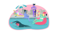 Das Bild zeigt eine Illustration von Frauen in einem Freibad