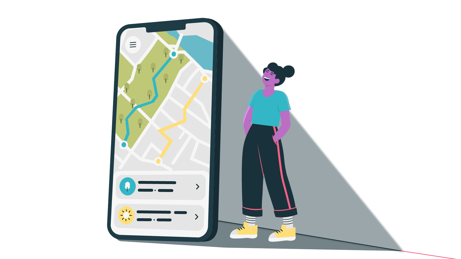 Ein großes Handy mit einer App für schattige Routenplanung wirft einen Schatten auf eine daneben stehende Frau, die sich freut im Schatten zu sein.