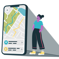 Ein großes Handy mit einer App für schattige Routenplanung wirft einen Schatten auf eine daneben stehende Frau, die sich freut im Schatten zu sein.