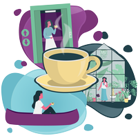 Illustrierte Kaffeetasse, im Hintergrund illustrierte Frau, die im Aufzug, in einem Gewächshaus und in einem Kanu Kaffee trinkt.