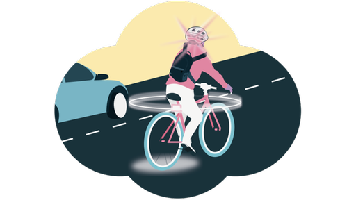 Ein Fahrradfahrer fährt auf der Straße. Das Fahrrad ist mit allen möglichen Gadgets ausgestattet.