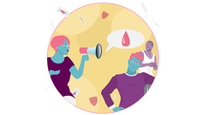 Illustration: Eine weibliche Person ruft in ein Megafon, in einer Sprechblase ist ein Blutstropfen dargestellt. Die beiden davon konfrontierten, männlichen Personen schaun irritiert.