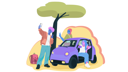 Das Bild zeigt eine Illustration von drei Jugendlichen, die an einem Mini Auto abhängen und Fotos machen. 
