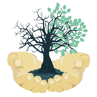 Illustrierte Hände, die einen Baum halten, dessen rechte Hälfte blüht und linke vertrocknet ist.