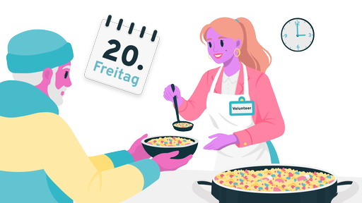 Eine schick gekleidete Frau trägt eine Schürze und füllt einem Mann mit einer Kelle Essen in eine Schüssel.