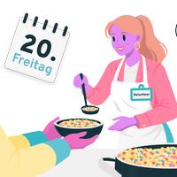 Eine schick gekleidete Frau trägt eine Schürze und füllt einem Mann mit einer Kelle Essen in eine Schüssel.
