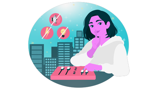 Eine Illustration einer Frau, die auf einem Mischpult den Lautstärkeregler runterzieht und sich einen Finger vor den geschlossenen Mund hält. Neben ihr sind in Bubbles durchgestrichene Lautsprecher, Blitze und Glühbirne vor der Skyline einer Stadt. 