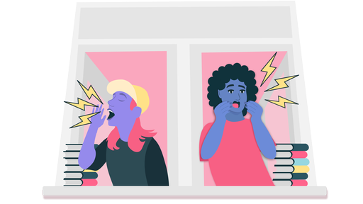 Das Bild zeigt eine Illustration zwei jungen Personen, die an einem Fenster stehen und schreien. 