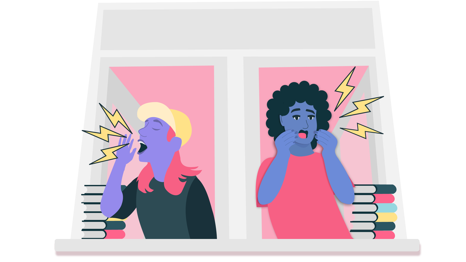 Das Bild zeigt eine Illustration zwei jungen Personen, die an einem Fenster stehen und schreien. 