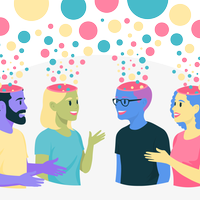 Vier Menschen stehen beieinander und unterhalten sich. Aus ihren Köpfen kommen viele bunte Blasen geflogen.