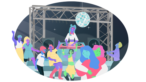 Das Bild zeigt eine Illustration von Menschen, die vor einer DJane am DJ-Pult auf einer Tanzfläche tanzen. Im Vordergrund halten sich zwei Personen in den Armen, eine weint.
