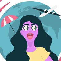 Das Bild zeigt eine illustrierte Frau mit langen Haaren und einer Sonnenbrille, mit dem Euro-Zeichen auf den Gläsern. Im Hintergrund ist eine große Weltkugel, ein Flugzeug und ein Sonnenschirm.