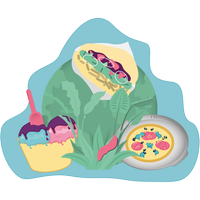 Eine Illustration auf der eine Pizza, ein Döner und Eisbecher abgebildet sind