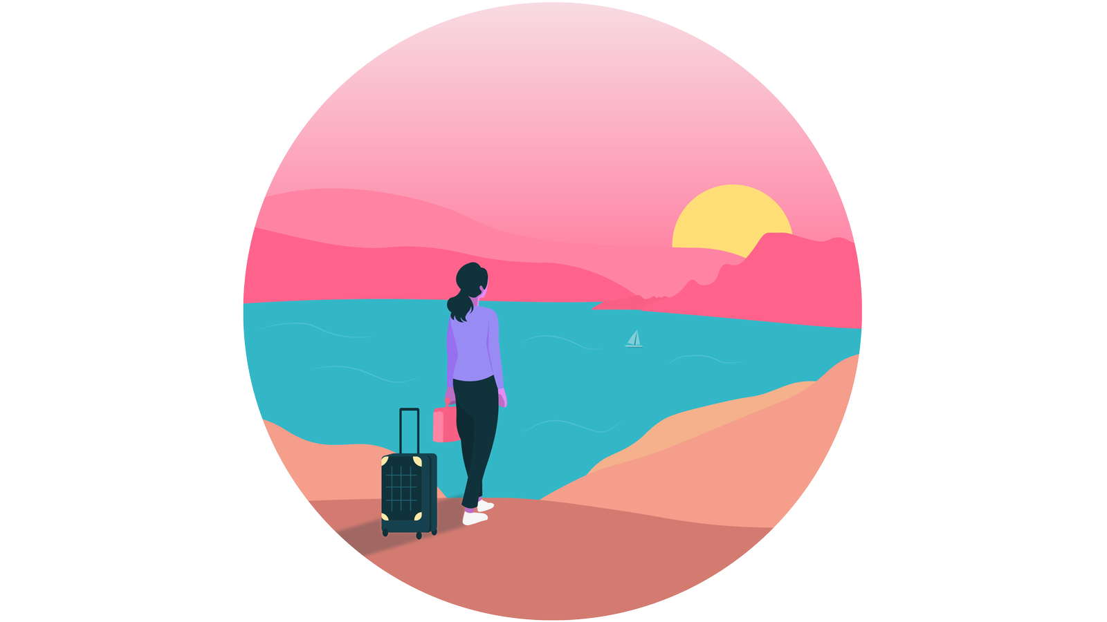 Eine Frau alleine mit einem Koffer in einer weiten Landschaft