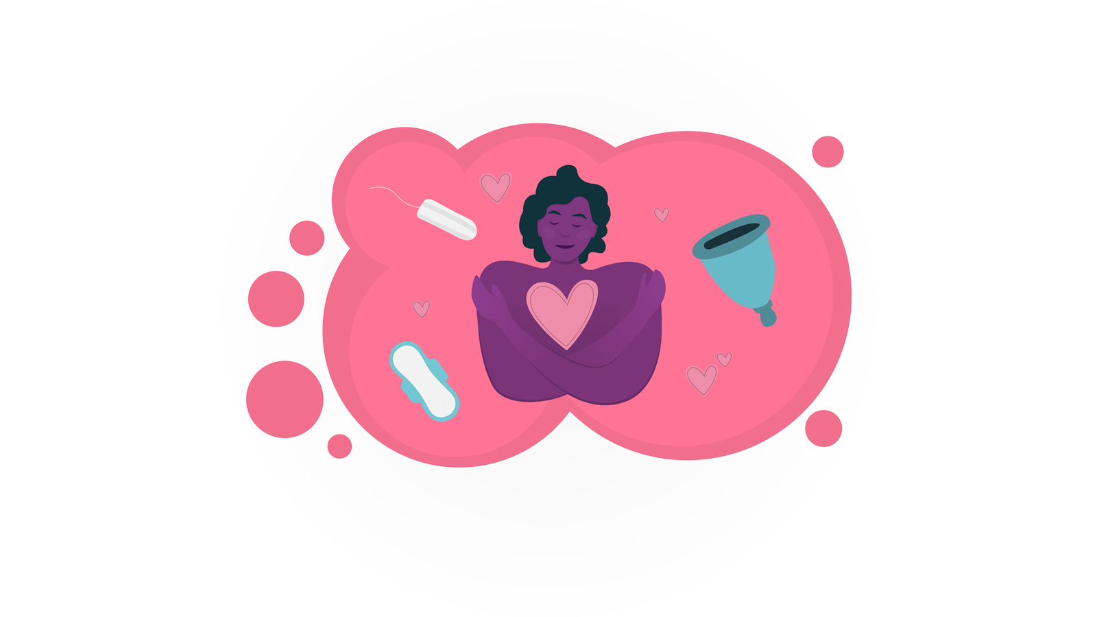 Eine Frau schaut nachdenklich. Um sie herum sind Symbole für Tampons, Binden und Menstruationstassen.