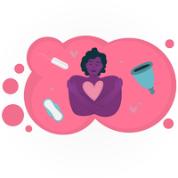 Eine Frau schaut nachdenklich. Um sie herum sind Symbole für Tampons, Binden und Menstruationstassen.