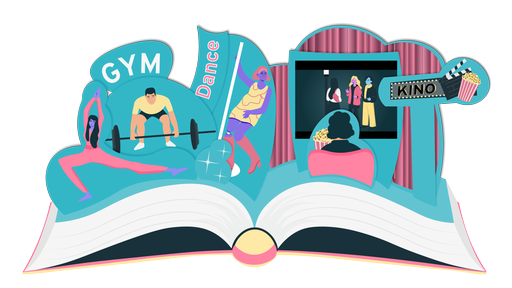 Ein aufgeschlagenes Buch mit Pop-Up elementen wie einem Gym, Kino und einer Tänzerin.