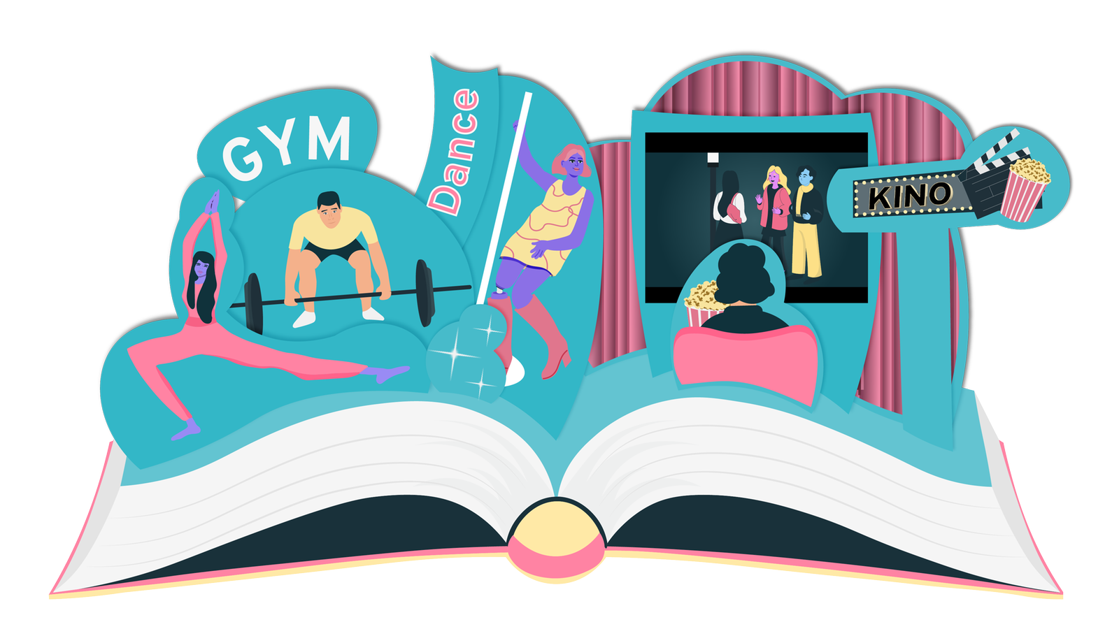 Ein aufgeschlagenes Buch mit Pop-Up elementen wie einem Gym, Kino und einer Tänzerin.