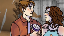Ein Comic-Bild mit einem Paar, darunter die Schrift "Verdammt hübsch anzuschauen"