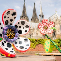Bunte Blumen der japanischen Künstlerin Yayoi Kusama stehen auf der Dachterrasse des Kölner Museum Ludwig; im Hintergrund ist der Dom