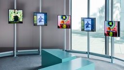 Installationsansicht Kunstmuseum Bonn des Werks "Peace Core (surround): Mehrere Monitore sind nebeneinander