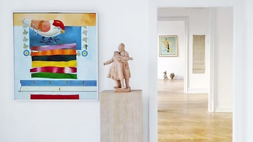Ausstellungsansicht: Hubert Schaffmeister, Öl auf Leinwand, 1976; Klaus Balke, Tonplastik, ohne Jahr