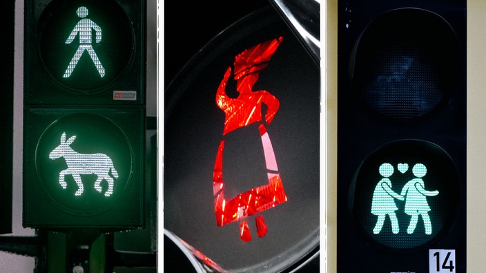 Eine Collage mit drei besonderen Ampelfiguren: Ein Esel, eine Lieferfrau und ein gleichgeschlechtliches Pärchen