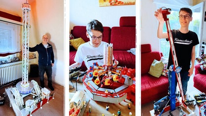 Eine Montage mit drei Fotos: Link steht Frank neben einem zwei Meter hohen Modell-Turm. In der Mitte der 17-jährige Alexander und rechts der 20-jährige Felix mit Modell-Fahrgeschäften aus Lego-Steinen.