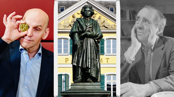 Eine Fotocollage mit Nobelpreisträger Benjamin List samt Nobelpreis, einer Statue von Beethoven auf dem Münsterplatz Bonn und einem Portrait von Heinrich Böll