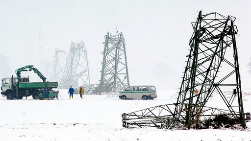 Umgeknickte Strommasten in einer verschneiten Landschaft