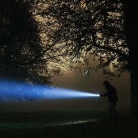 Ein Mann im dunklen Wald mit einer Taschenlampe.