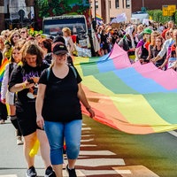 Eine Menschenmenge, die eine Straße entlangläuft. In der Mitte halten einige Personen eine große Regenbogenflagge.