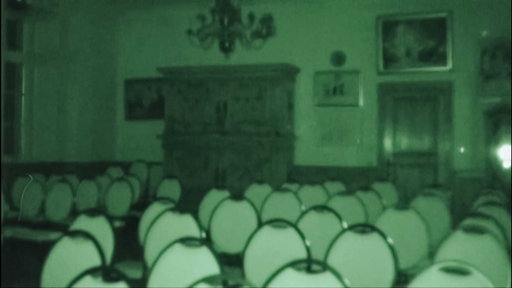 Ein Raum ist in grün-weißes Licht getaucht, man sieht mehrere Stuhlreihen, einen Kronleuchter an der Decke, einige Bilder und einen Holzschrank an der Wand, ein großes Bild hängt über einer Holztür