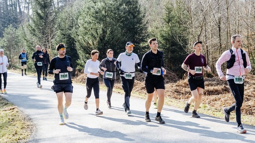 Personen in Sportkleidung laufen über eine Straße durch den Wald.