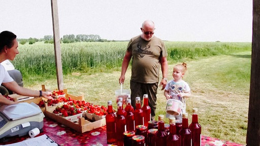 Ein Mädchen und ihr Opa laufen zu einem Erdbeerstand. Sie tragen beide Körbe mit Erdbeeren. 
