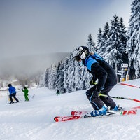 Skifahrer fahren in Winterberg eine schneebedeckte Piste hinunter.