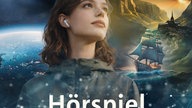 Eine Frau mit Kopfhörern, im Hintergrund Abenteuerelemente.