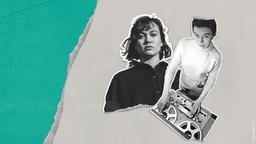 Auf einer grün-grauen Grafik sieht man die Moderatorin Milena in schwarz-weiss mit der Shero der Folge: Delia Derbyshire. Sie steht vor einem DJ Pult und blickt nach oben in die Kamera. 