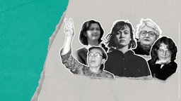 Podcast-Cover COSMO „Lost Sheroes“ mit Schwarz-Weiß-Porträts der polnischen Aktivistinnen Walentynowicz, Pieńkowska, Krzywonos und Ossowska.