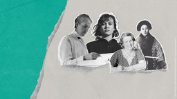 Eine Collage auf grau-grünem Grund mit der Moderatorin Milena Straube und den drei Sheroes aus dieser Folge.