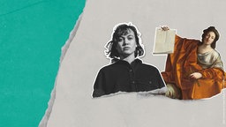 Die Moderatorin ist auf grün-grauer Grafik in schwarz-weiß mit einem Bild einer antiken Frau in orangenem Gewand zu sehen. Die Figur hält eine Schriftrolle in der Hand.