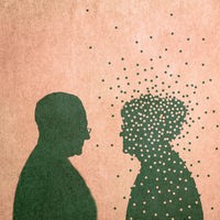Illustration: Älterer Mann sieht seine Frau verschwinden.