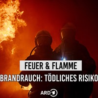 Zwei Feuerwehrmänner stehen im Dunkeln, Feuer breitet sich hinter ihnen aus