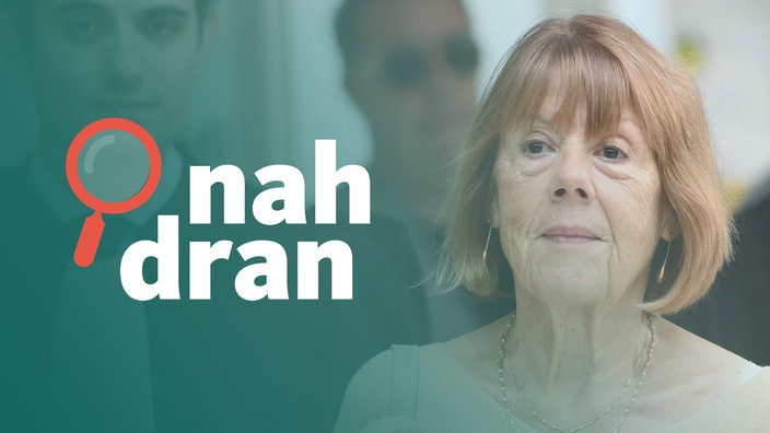 Das Bild zeigt Gisèle Pelicot, die entschlossen guckt. Daneben das Logo vom Podcast nah dran. 