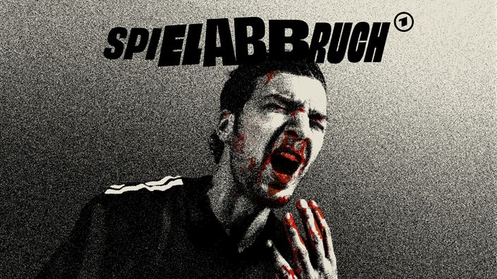 Cover des Podcasts „Spielabbruch“, ein Fußballer mit Verletzung, stilisiert.