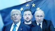 Von links nach rechts: Trump, Zelensky und Putin im Vordergrund einer Europaflagge