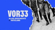 Das Podcast Grafik "Vor 33" zeigt die Beine von marschierende Soldaten in schwarzen Steifeln und den Titel des Podcasts "Vor 33"