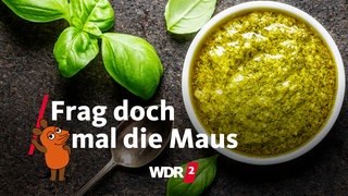 Schale mit grünem Pestu und Basilikumblätter