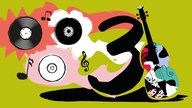 Illustration zum Podcast "WDR 3 Drei für Jetzt", zu sehen sind Schaltplatten, die Ziffer Drei, ein Notenschlüssel und ein Cello.