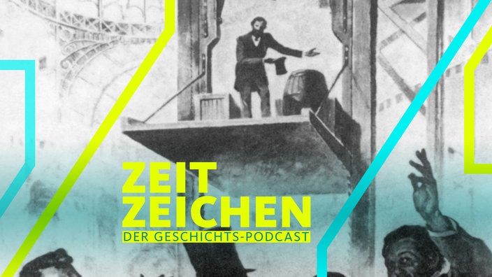 Elisha Graves Otis präsentiert seinen patentierten Aufzug 1854 in New York (Illustration)